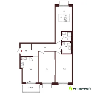 Планировка 3-комн. квартира, 86.79 м² ЖК «Лисино»