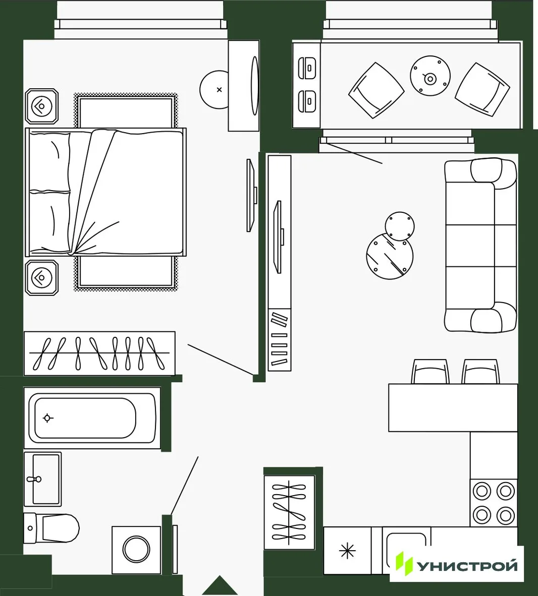 Планировка 1-комн. квартира, 38.4 м² ЖК «Парковый квартал 2.0»