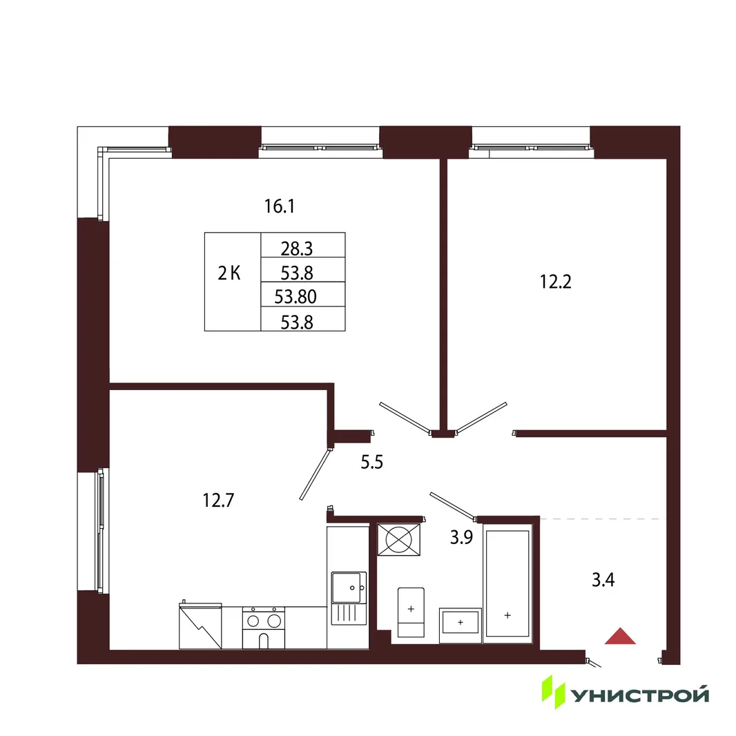 Планировка 2-комн. квартира, 53.8 м² ЖК «Лисино»