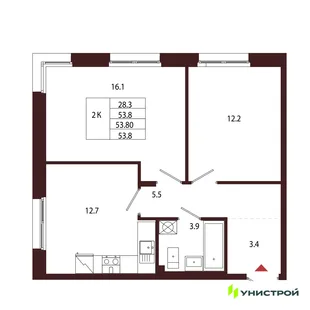 Планировка 2-комн. квартира, 53.8 м² ЖК «Лисино»