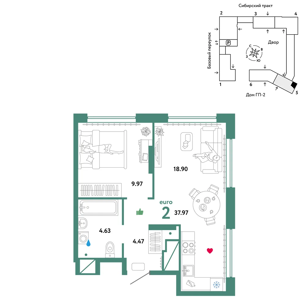 Планировка 2-комн. квартира, 37.97 м² ЖК «Сибирский сад»