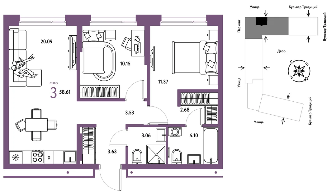 Планировка 3-комн. квартира, 58.61 м² ЖК «Микрорайон Домашний»