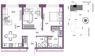 Планировка 3-комн. квартира, 58.61 м² ЖК «Микрорайон Домашний»