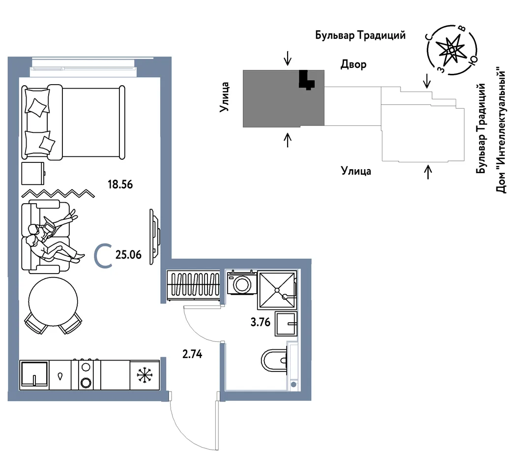 Планировка Студия, 25.06 м² ЖК «Микрорайон Домашний»