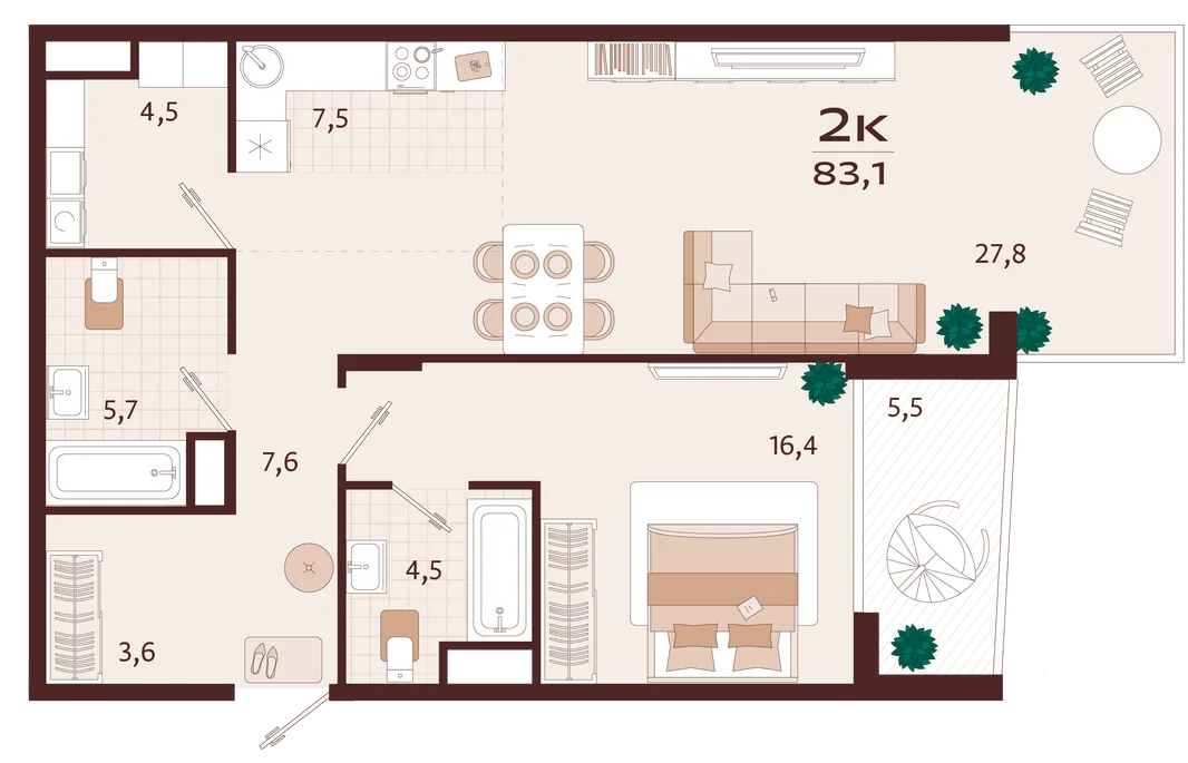 Планировка 2-комн. квартира, 83.1 м² ЖК «Роялта»