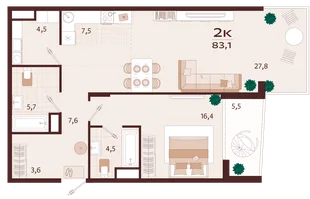 Планировка 2-комн. квартира, 83.1 м² ЖК «Роялта»