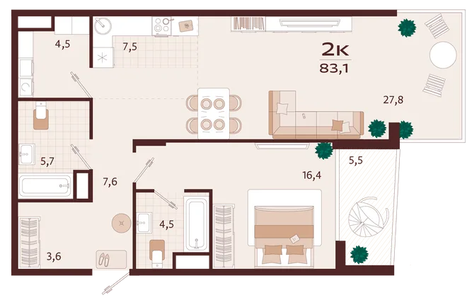 Планировка 2-комн. квартира, 83.1 м² ЖК «Роялта» Планировка 2-комн. квартира, 83.1 м² ЖК «Роялта»