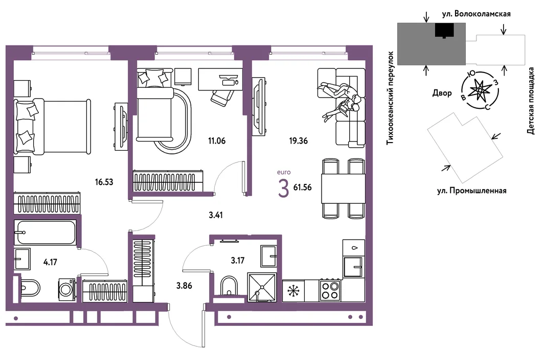 Планировка 3-комн. квартира, 61.56 м² ЖК «Страна Прибрежная»