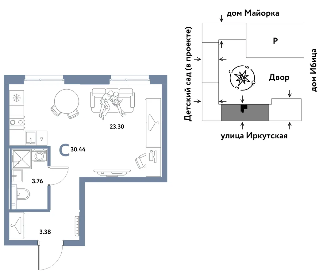 Планировка Студия, 30.44 м² ЖК «Остров-сад»