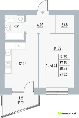 Планировка 1-комн. квартира, 38.37 м² ЖК «Причал»