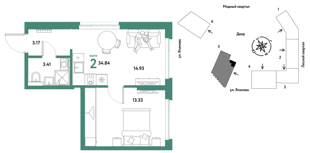 Планировка 2-комн. квартира, 34.84 м² ЖК «Сибирский сад»