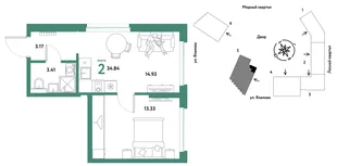 Планировка 2-комн. квартира, 34.84 м² ЖК «Сибирский сад»