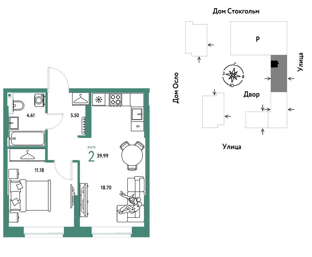 Планировка 2-комн. квартира, 39.99 м² ЖК «Европейский берег 2.0»