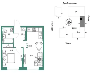 Планировка 2-комн. квартира, 39.99 м² ЖК «Европейский берег 2.0»