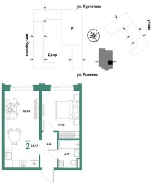 Планировка 2-комн. квартира, 38.47 м² ЖК «Остров-сад»