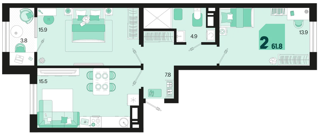 Планировка 2-комн. квартира, 61.8 м² ЖК «Первое место»