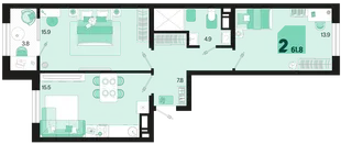 Планировка 2-комн. квартира, 61.8 м² ЖК «Первое место»