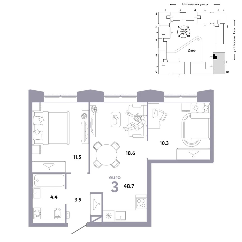 Планировка 3-комн. квартира, 48.7 м² ЖК «Страна.Заречная»