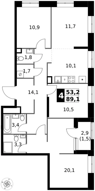 Квартира 4-комн. квартира, 89.1 м² ЖК «1-й Измайловский» Фото 1