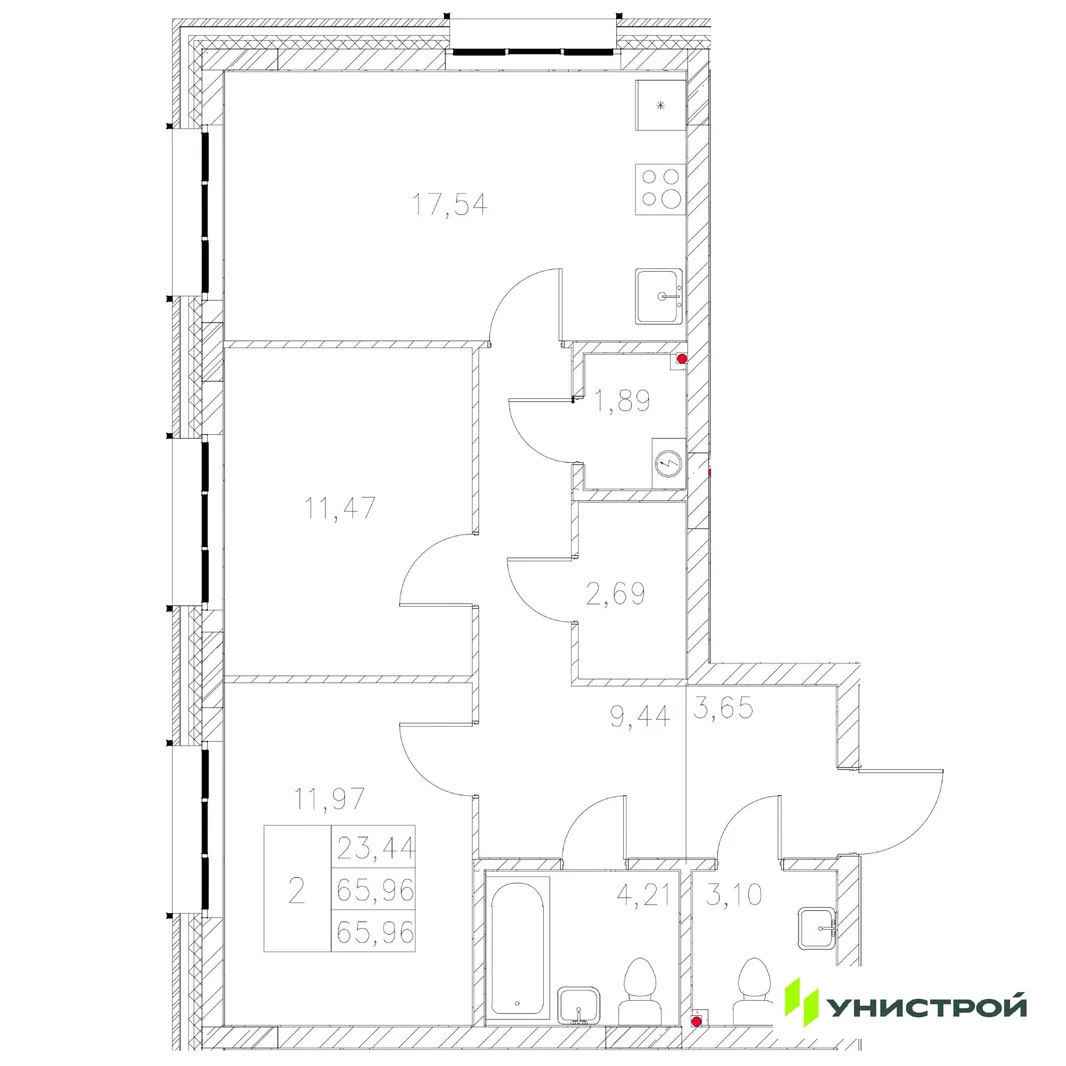 Планировка 2-комн. квартира, 65.96 м² ЖК «Statum»
