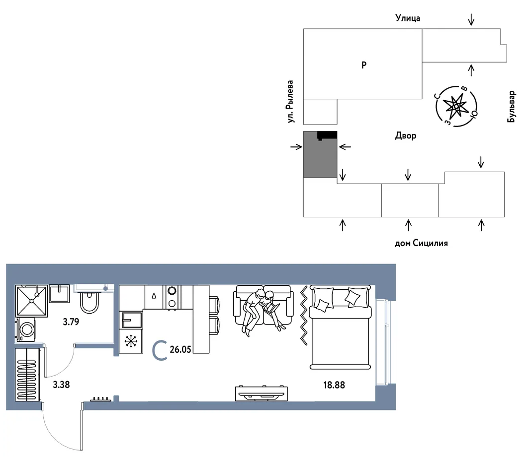 Планировка Студия, 26.05 м² ЖК «Остров-сад»