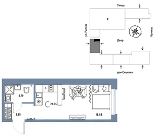 Планировка Студия, 26.05 м² ЖК «Остров-сад»