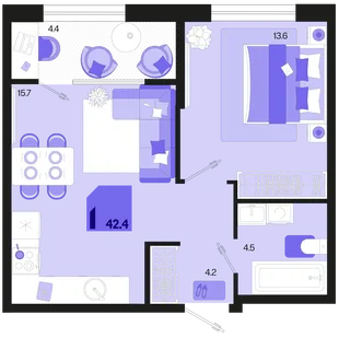 Планировка 1-комн. квартира, 42.4 м² ЖК «Первое место»