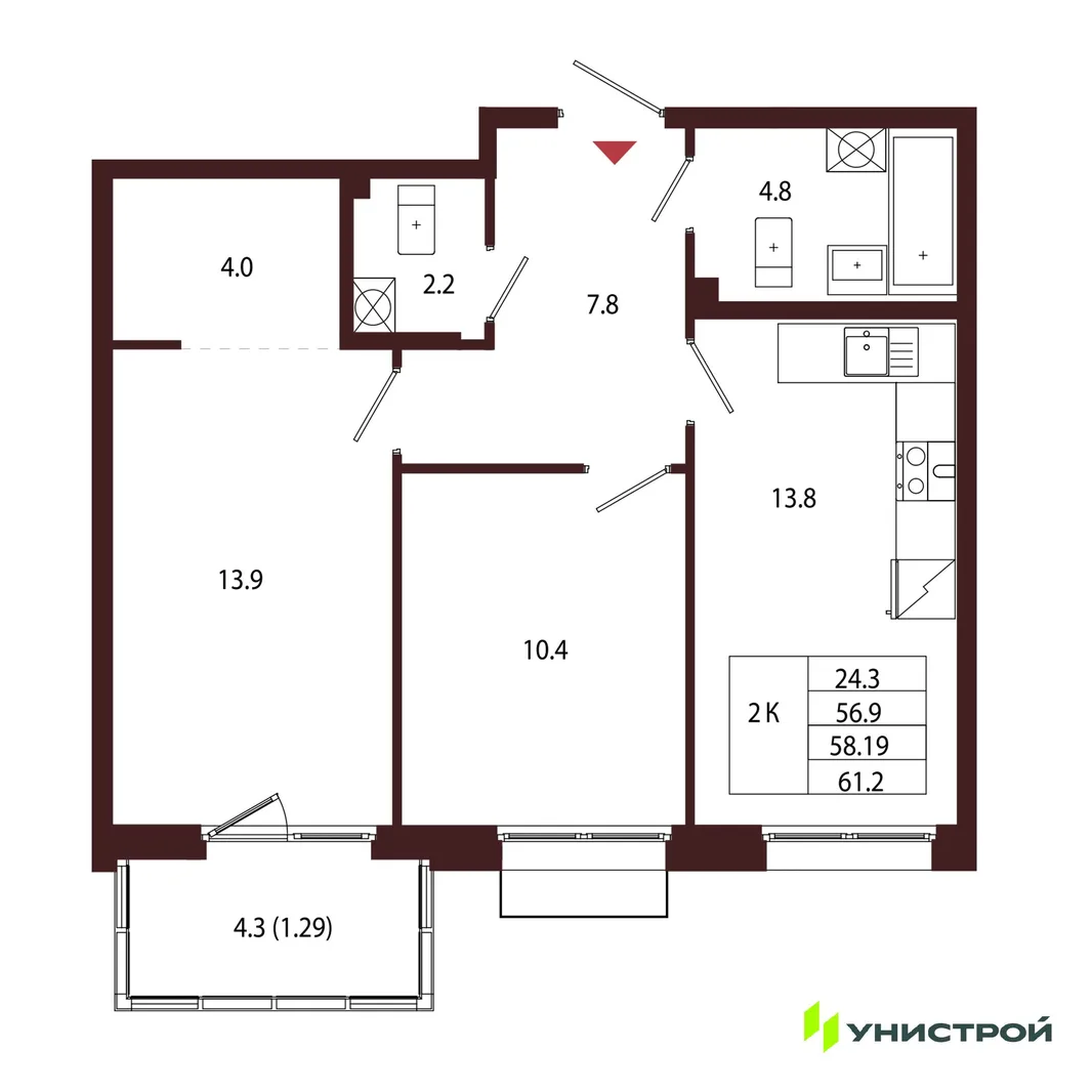 Планировка 2-комн. квартира, 58.19 м² ЖК «Лисино»