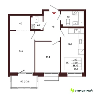 Планировка 2-комн. квартира, 58.19 м² ЖК «Лисино»