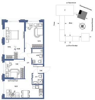 Планировка 4-комн. квартира, 76.88 м² ЖК «Сердце Сибири»