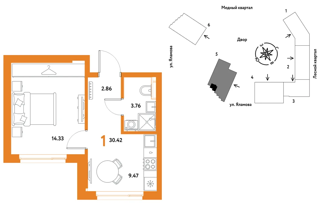 Планировка 1-комн. квартира, 30.42 м² ЖК «Сибирский сад»