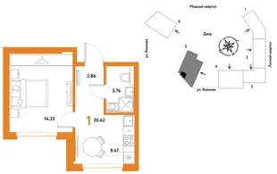 Планировка 1-комн. квартира, 30.42 м² ЖК «Сибирский сад»