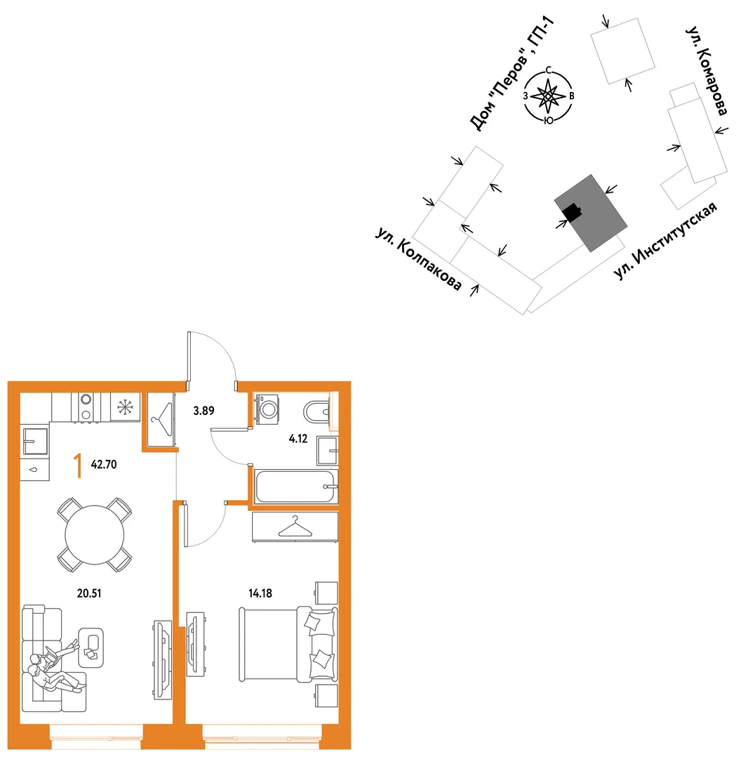 Планировка 1-комн. квартира, 42.7 м² ЖК «Страна.Парковая»