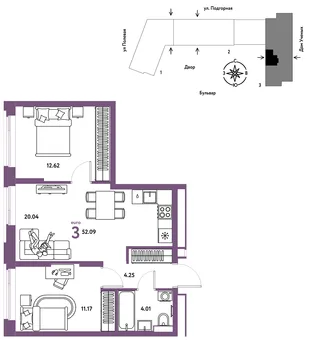 Планировка 3-комн. квартира, 52.18 м² ЖК «Авторский»