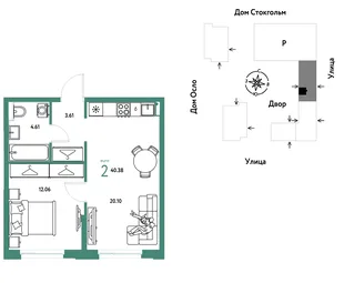 Планировка 2-комн. квартира, 40.38 м² ЖК «Европейский берег 2.0»