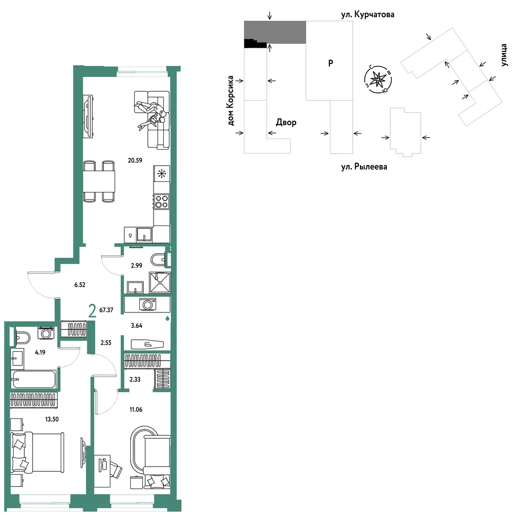 Планировка 2-комн. квартира, 67.55 м² ЖК «Остров-сад»