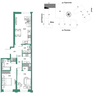 Планировка 2-комн. квартира, 67.55 м² ЖК «Остров-сад»