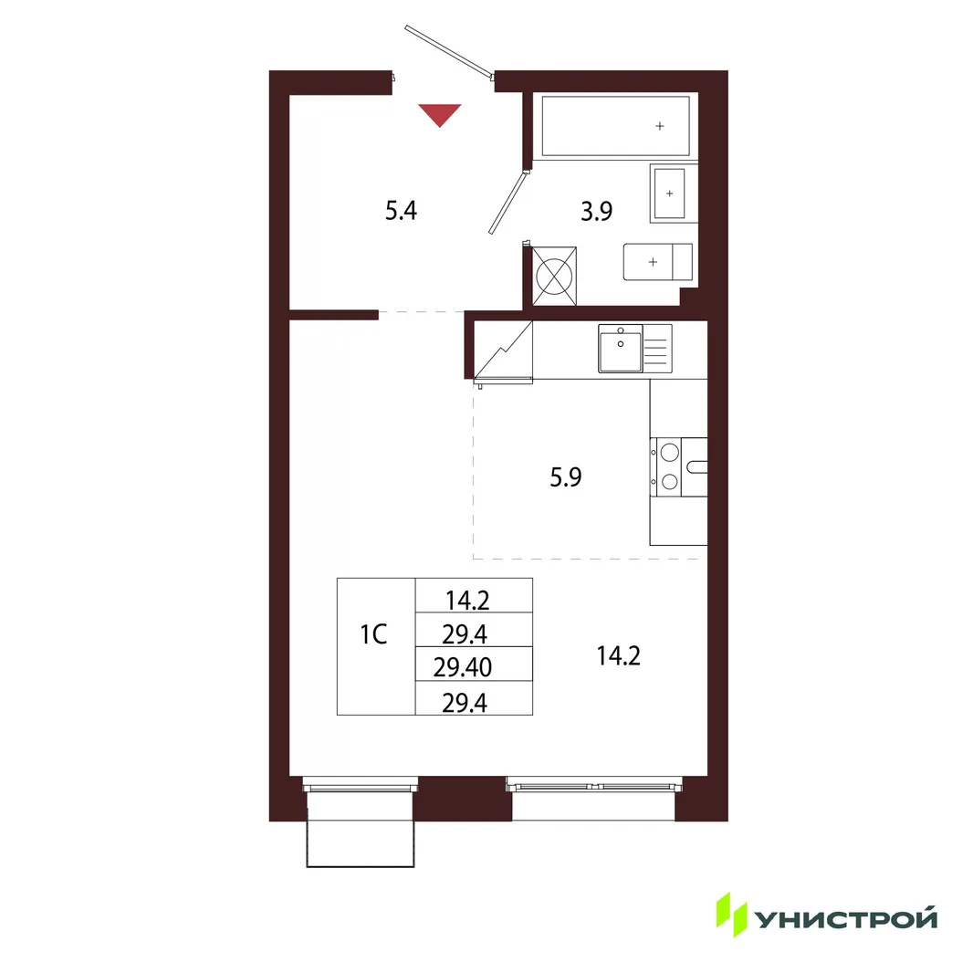 Планировка 1-комн. квартира, 29.4 м² ЖК «Лисино»