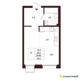 Планировка 1-комн. квартира, 29.4 м² ЖК «Лисино»