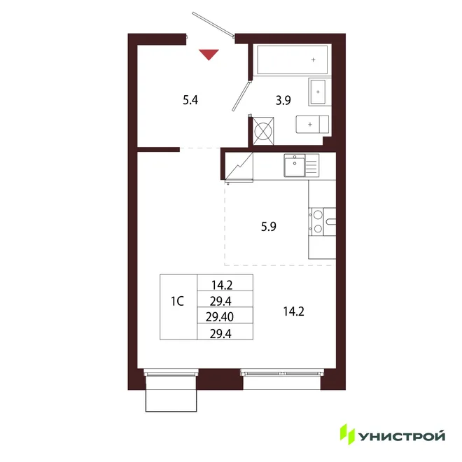 Планировка 1-комн. квартира, 29.4 м² ЖК «Лисино»