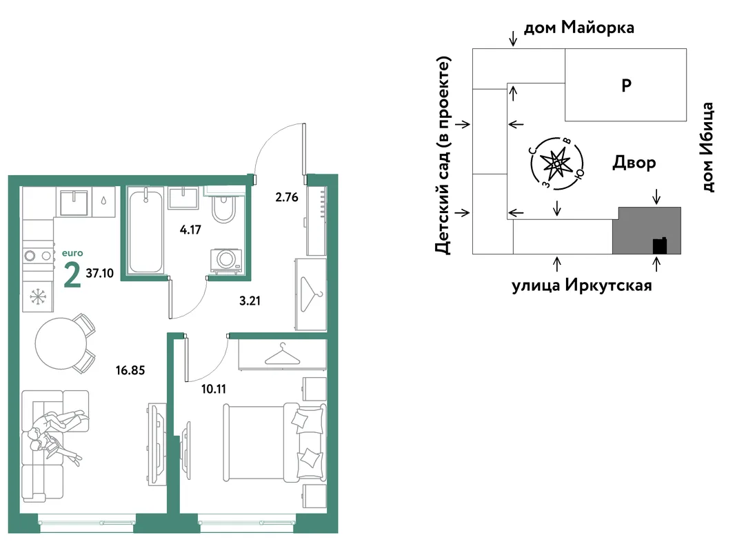 Планировка 2-комн. квартира, 37.1 м² ЖК «Остров-сад»