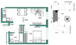 Планировка 2-комн. квартира, 39.13 м² ЖК «Микрорайон Домашний»