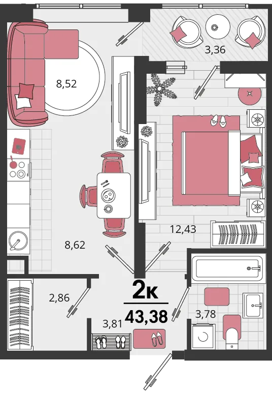 Планировка 2-комн. квартира, 43.38 м² ЖК «Родные просторы»