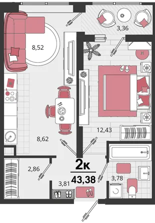 Планировка 2-комн. квартира, 43.38 м² ЖК «Родные просторы»