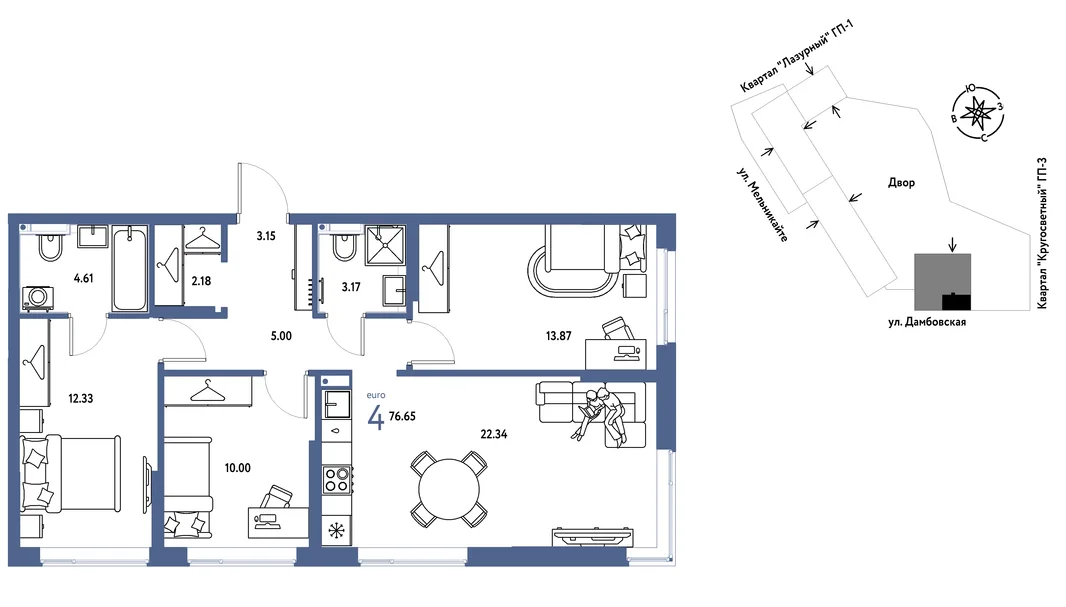 Планировка 4-комн. квартира, 76.65 м² ЖК «Страна Прибрежная»