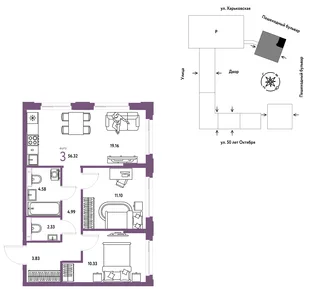 Планировка 3-комн. квартира, 56.32 м² ЖК «Сердце Сибири»