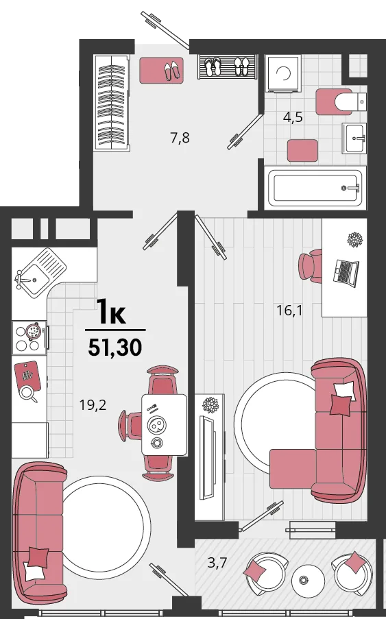 Планировка 1-комн. квартира, 51.3 м² ЖК «Родные просторы»