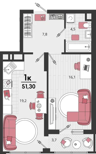 Планировка 1-комн. квартира, 51.3 м² ЖК «Родные просторы»