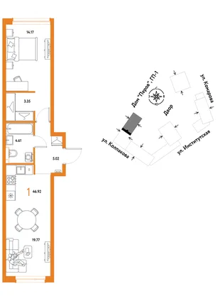 Планировка 1-комн. квартира, 46.92 м² ЖК «Страна.Парковая»