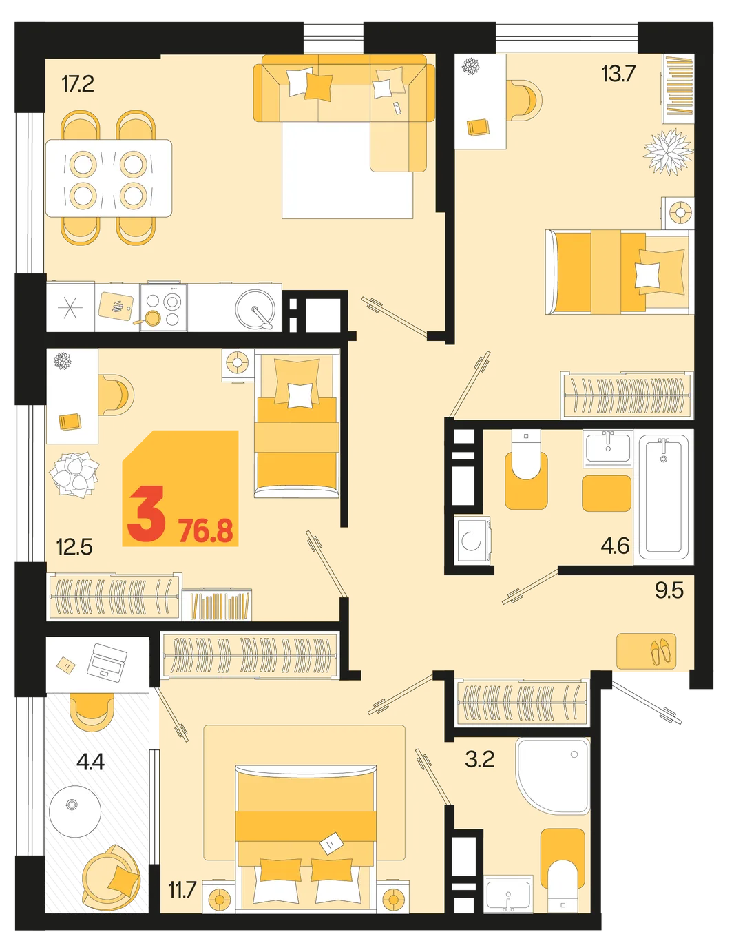 Планировка 3-комн. квартира, 76.8 м² ЖК «Первое место»